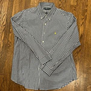 Men’s navy blue and white check button down